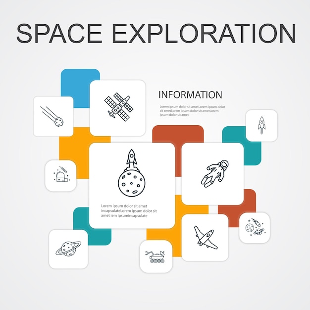 Space exploration Infographic 10 line icons template rocket spaceship astronaut planet simple icons