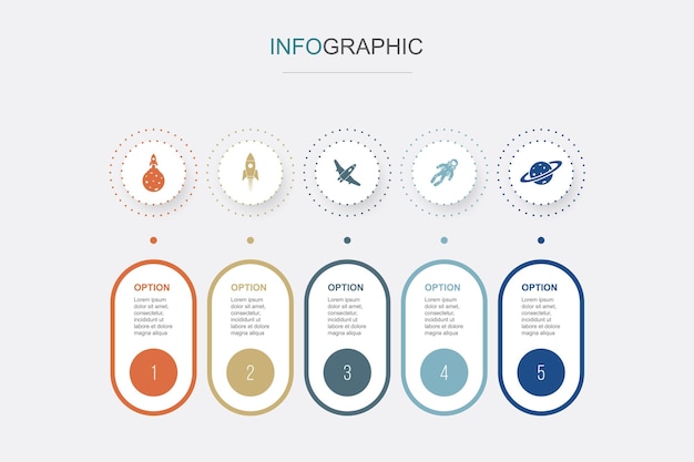 Космическая ракета космический корабль астронавт планета иконки Инфографический дизайн шаблона Креативная концепция с 5 шагами