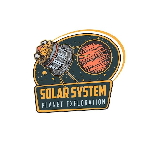 Space explore, solar system research retro icon