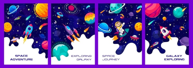 Vector space exploring galaxy adventure posters with kid