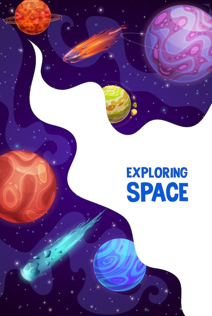 Space exploring poster with planets and asteroids