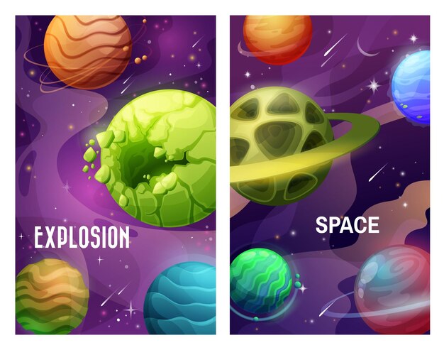 Space explosion cartoon planets and meteorites