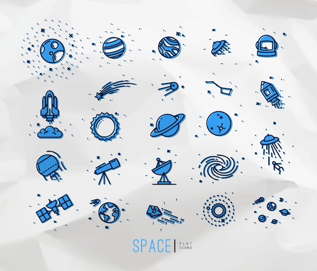 Space flat icons drawing with black lines and color 