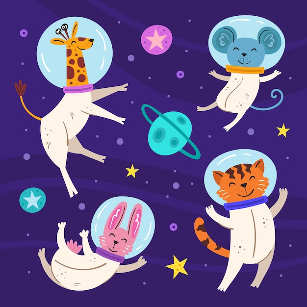 space   flat illustration. giraffe, rabbit, tiger and mouse in space suits
