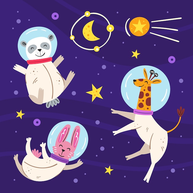 Space  flat illustration, set of elements, stickers, icons. isolated on background. giraffe, rabbit, panda bear in space suit, star, moon, comet. galaxy, science. futuristic.