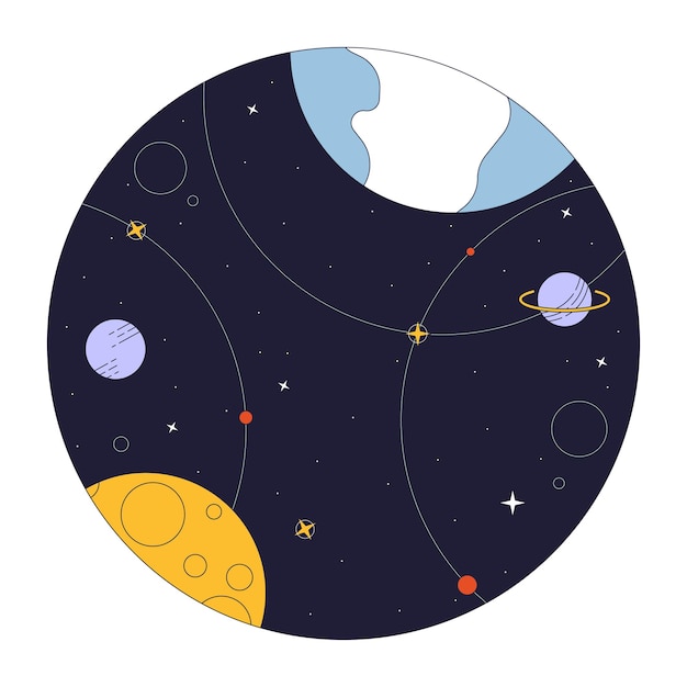 Space flat line concept vector spot illustration Universe with planets and stars 2D cartoon outline objects on white for web UI design Editable isolated color hero image