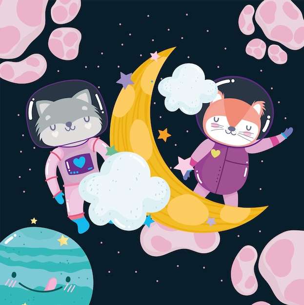 Space fox and raccoon moon and planets adventure explore animal cartoon  illustration