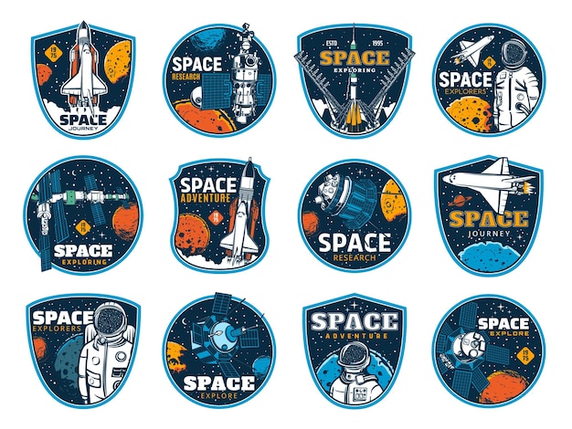 Space and galaxy discovery icons, rockets and spacecrafts