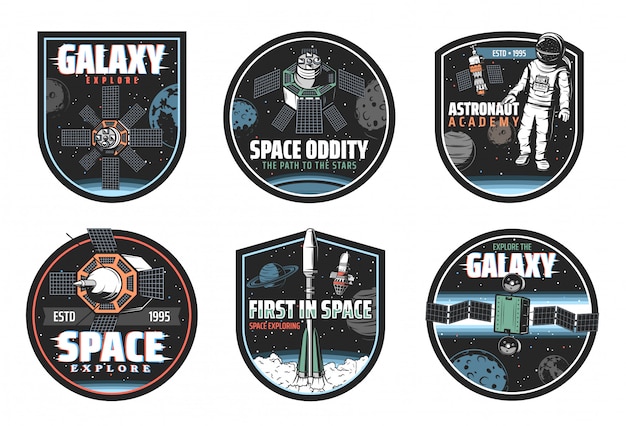 Space and galaxy icons of spaceships and astronaut