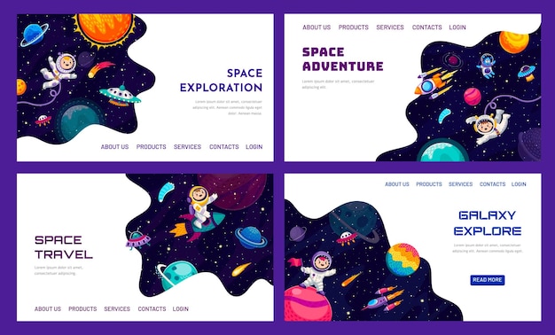 Vector space galaxy landing pages cartoon space planets