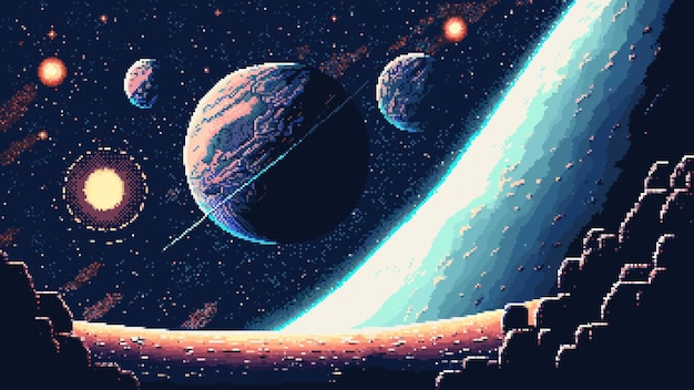 Вектор Пейзаж космической галактики, созданный искусственным интеллектом, 8-битная пиксельная игровая сцена, 2d-фоновая игровая локация ретро-футуристического исследования, погружающая игроков в визуально захватывающую вселенную, потусторонний звездный пейзаж.