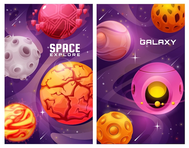 Space galaxy verken posters met cartoon-fantasieplaneten.