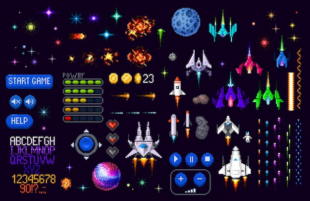 Vector space game asset 8 bit pixel art planets rockets