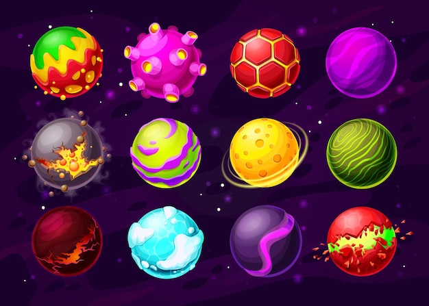 Space game fantasy planets with cartoon alien galaxy universe asteroids