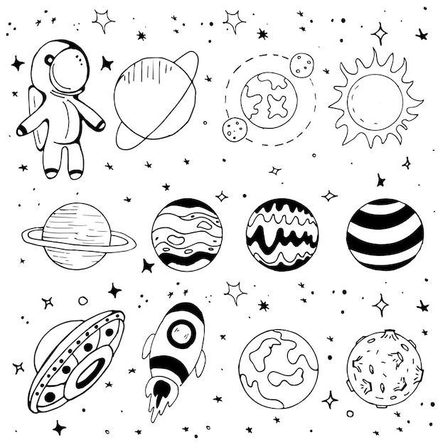 Space Hand Drawn Vector Illustration Objects Set