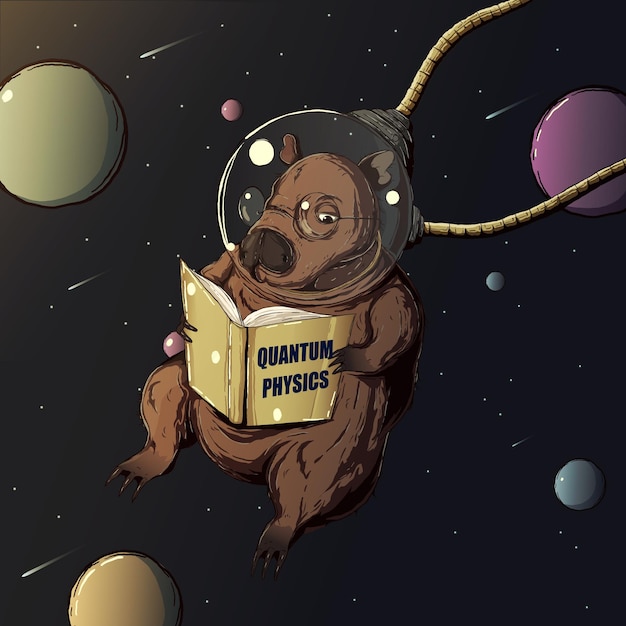 space helmet capybara reading quantum physics in space