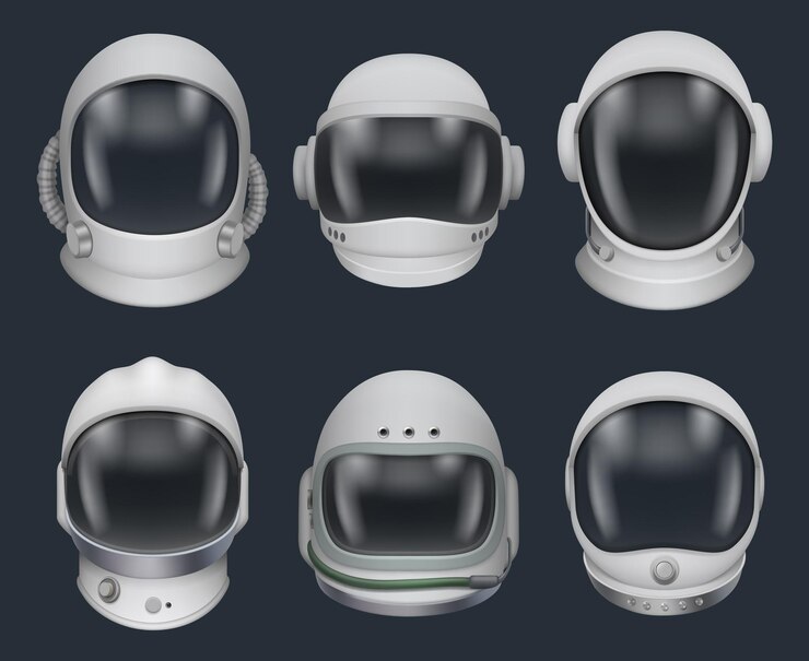 Vector space helmet futuristic astronaut clothes for space exploration military helmet with dark glass decent vector pictures isolated illustration of space helmet for astronaut or cosmonaut