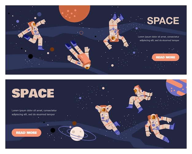 Space horizontal flyers collection with astronauts flat vector illustration