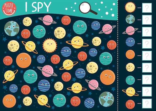 Space I spy game for kids Searching and counting Astronomy activity for preschool children with planets stars Funny printable worksheet with Solar system Simple seek and find puzzlexA