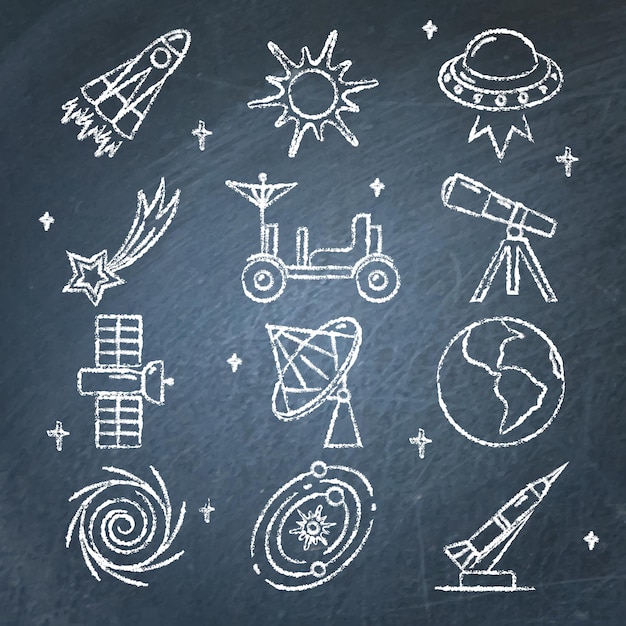 Space icons collection on chalkboard