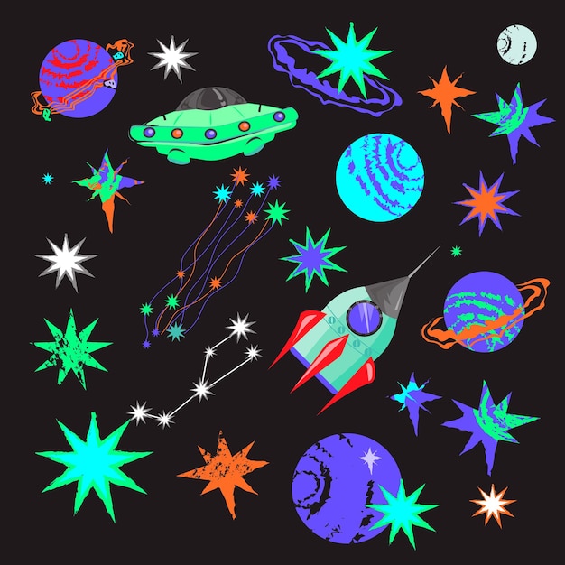 Vector space icons set with alien spaceship and rocket planets and stars cartoon flat vector isolated