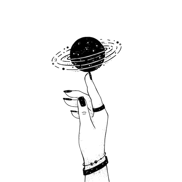 Vettore illustrazione dello spazio tiene il pianeta nelle sue mani