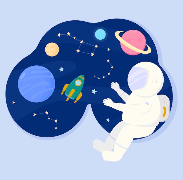 Space illustration for website, booklet, banner. Space, planets, constellations and astronaut. Vecto