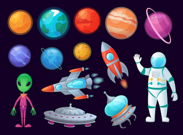 공간 아이템. 외계인 UFO, 우주 행성 및 미사일 로켓. 행성 게임 만화 그래픽 항목 집합