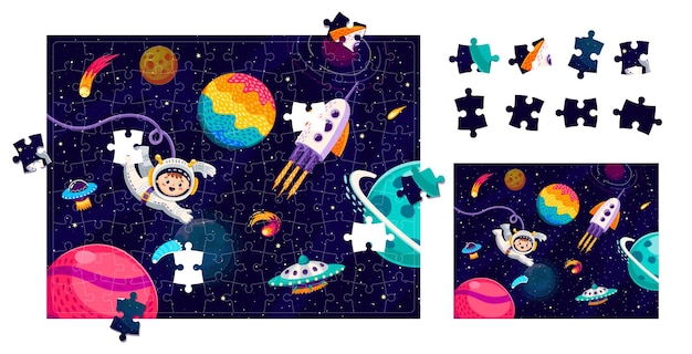 Space jigsaw puzzle game with kid astronaut