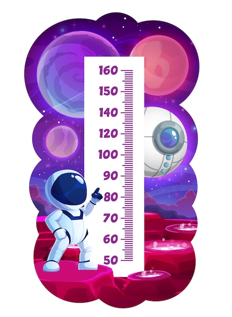 Grafico dell'altezza dei bambini spaziali. astronauta cartone animato sulla superficie del pianeta planet