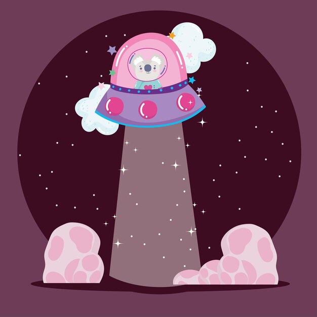 Space koala in ufo adventure explore animal cartoon  illustration