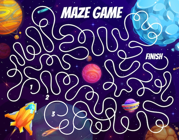 Space labyrinth maze with spaceship and planets