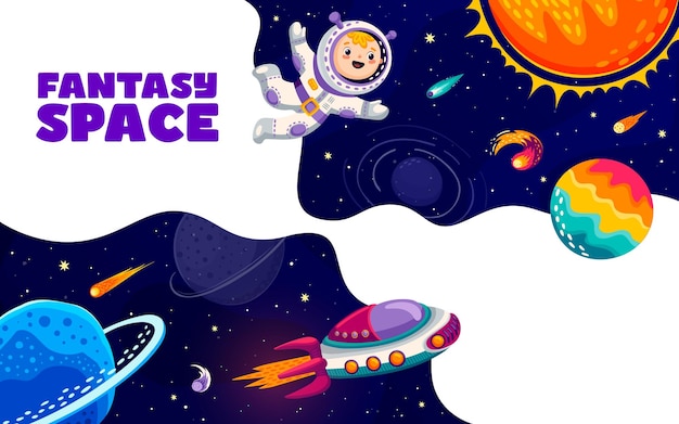 Space landing page cartoon kid astronaut in spaceship and space planets vector website template background Galaxy rockets and alien planets kid spaceman in space or spaceflight to galactic stars