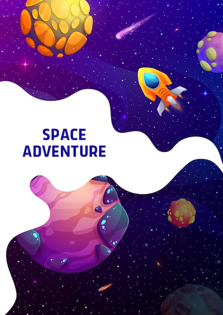 Space landing page cartoon spaceship in galaxy