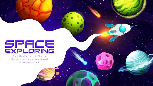 Vector space landing page with cartoon galaxy and rocket