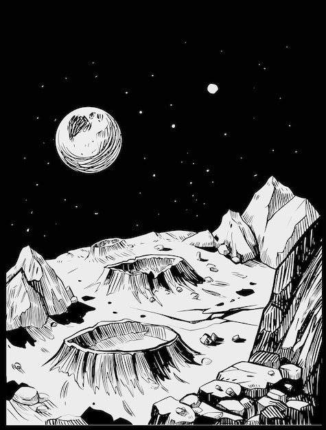 Space landscape. Grayscale vector illustration. Great for print