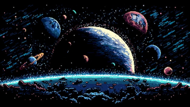 Космический пейзаж со звездной галактикой и планетами, созданный искусственным интеллектом, представляет собой 8-битную пиксельную игровую сцену, погружающую в ретрофутуристическую атмосферу, передающую суть космических приключений и мира межзвездных исследований.