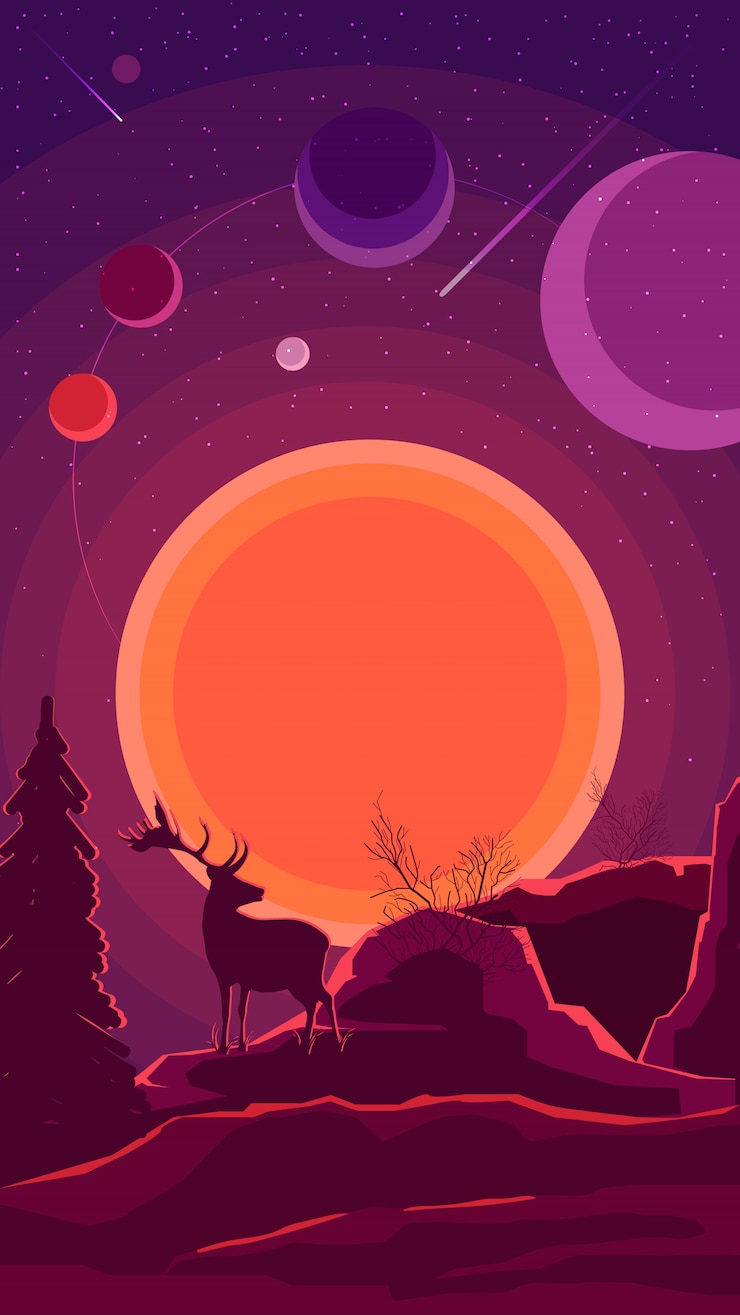 Vector space landscape with sunset and silhouette of a deer in purple tones