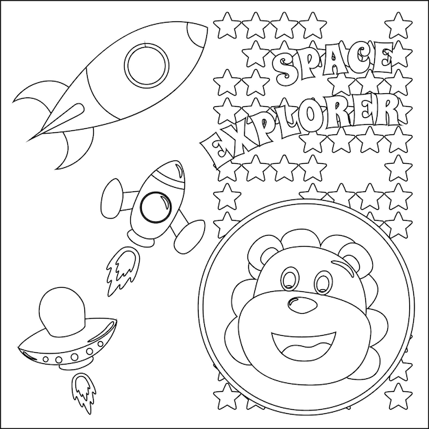 Space lion or astronaut in a space suit with cartoon style funny little space explorer