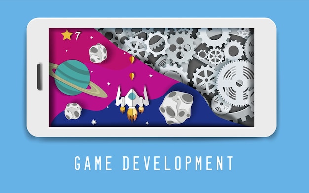 Space mobile game development banner template vector illustration