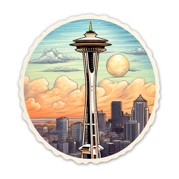 Space Needle illustratie sticker op witte achtergrond