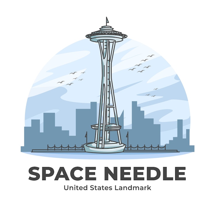Vector space needle united states landmark minimalist cartoon illustration