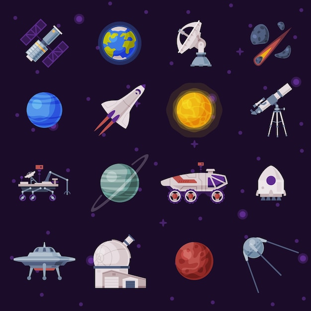 Space Objects Set Cosmos Exploration Space Industry Concept Rocket Rover Artificial Satellite Ufo Planets Vector Illustration