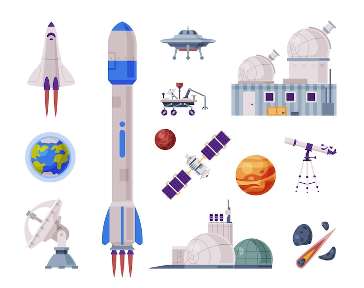 Вектор космические объекты установлены ракета шаттл ровер искусственная спутниковая обсерватория космическая промышленность концепция векторная иллюстрация