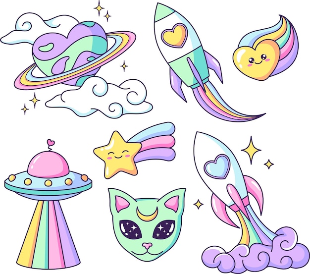 Vector space objects in a shape of heart planet ufo alien cat rocket rainbow cartoon vector illustrations