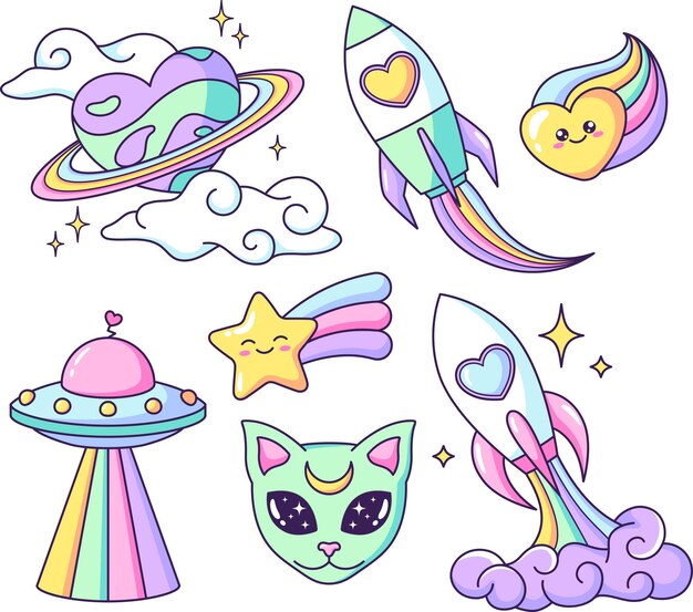 Vettore oggetti spaziali a forma di cuore pianeta ufo gatto alieno razzo stella arcobaleno illustrazioni di cartoni animati