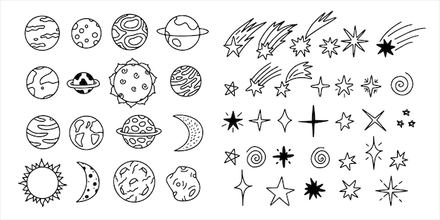 Space  outline doodle set Star Planet line