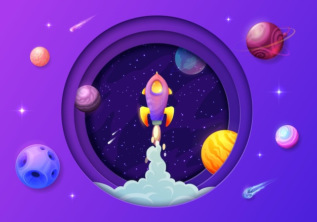 Space paper cut raketlancering galaxy planeten