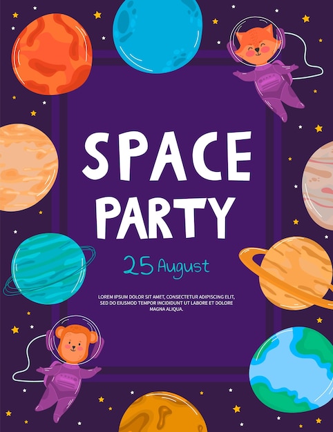 Space party cartoon flyers uitnodiging voor muziekshow met astronaut dj met draaitafel in open ruimte s