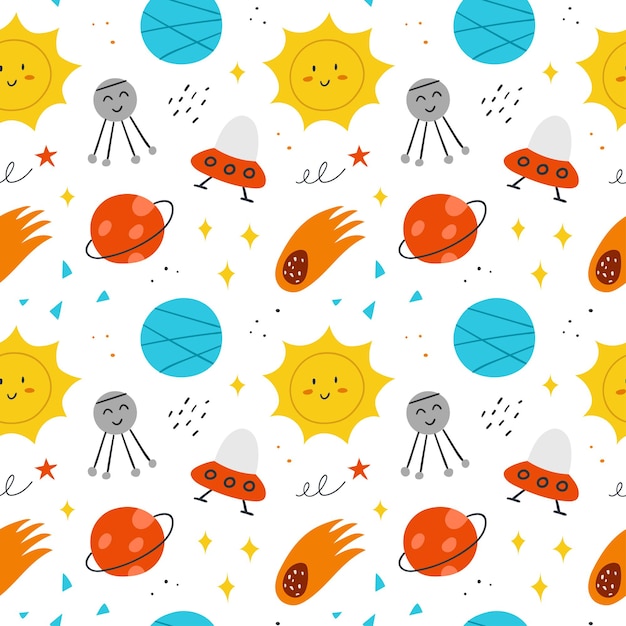 아이들을 위한 공간 패턴입니다. 귀여운 태양, 행성, 별, Ufo가 있는 벡터 손으로 그린 배경.